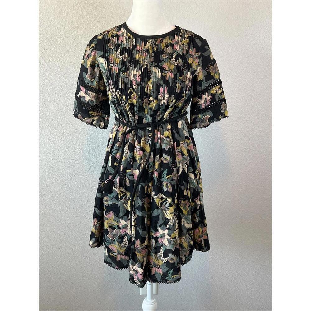 Aritzia Wilfred Floral Pleated Belted Black Floral Mini Dress Size XXS